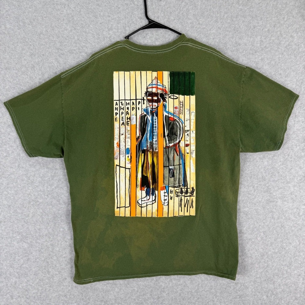 Jean-Michel Basquiat Ripple Graphic T-Shirt 2X Olive Green Art Print Distressed
